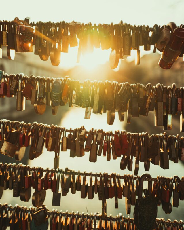 Five rows of hundreds of hanging padlocks