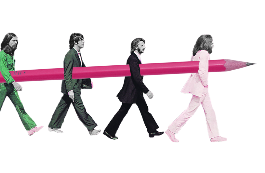The Beatles crossing an invisible Abbey Road, holding a giant pink pencil