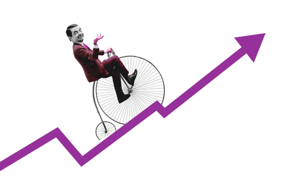 Mr bean rides a penny farthing up a rising arrow, like one would find on a really good report graph