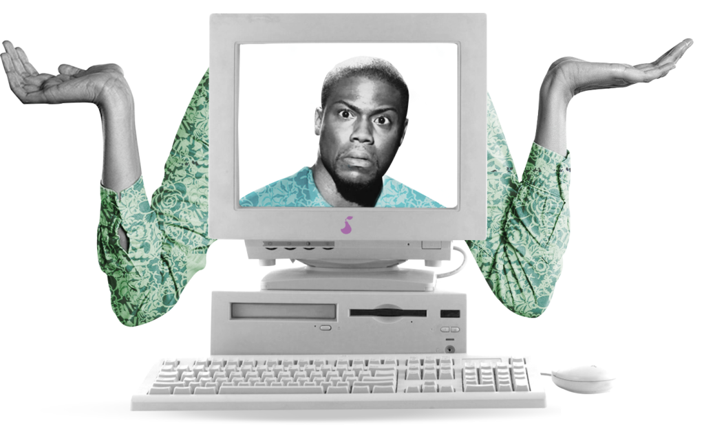 Kevin hart on a retro computer screen, as well as arms reading out the sides in a shrug expression