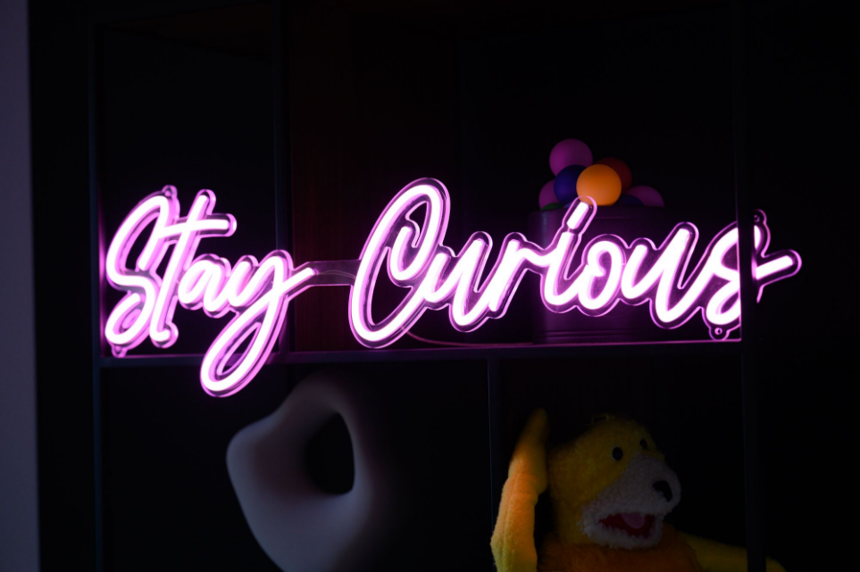 Neon pink sign saying "Stay Curious"