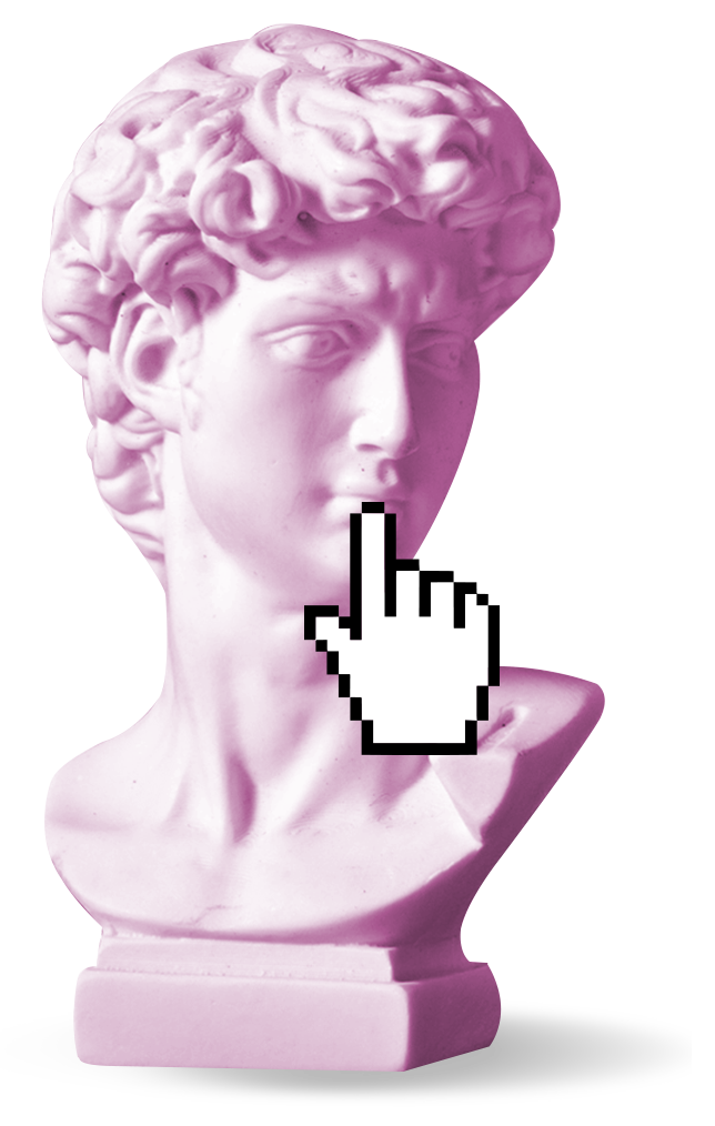 A classical roman style bust, but bright pink and with a pointer style mouse cursor covering the lips in a shushing motion