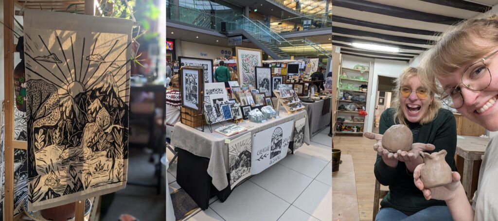 Collage of three photos of a craft market stall and two women holding clay sculptures