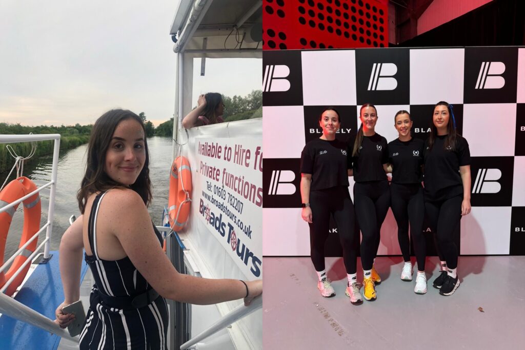 Collage of two photos: one of a woman on a boat smiling, one of four women at a gym event