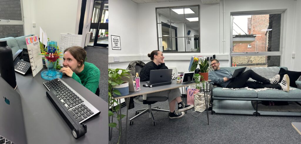 Collage of two photos, one of a woman playing Kerplunk and one of a woman laughing at a man on a sofa