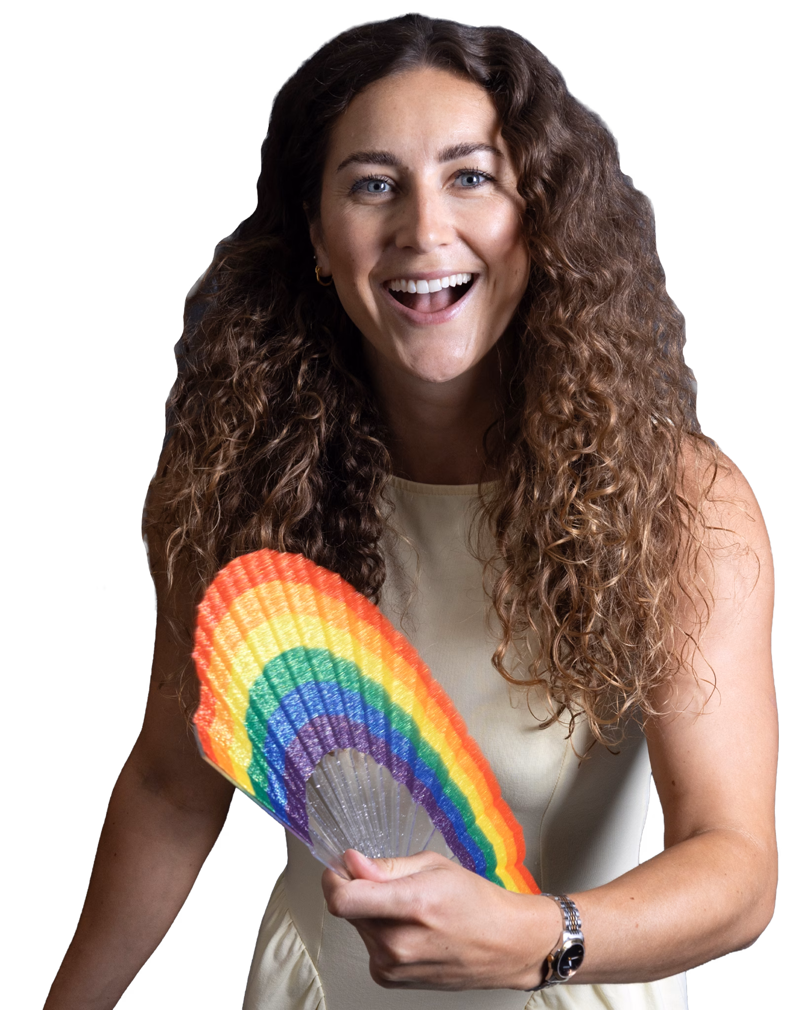 Photo of Amelia holding the pride flag
