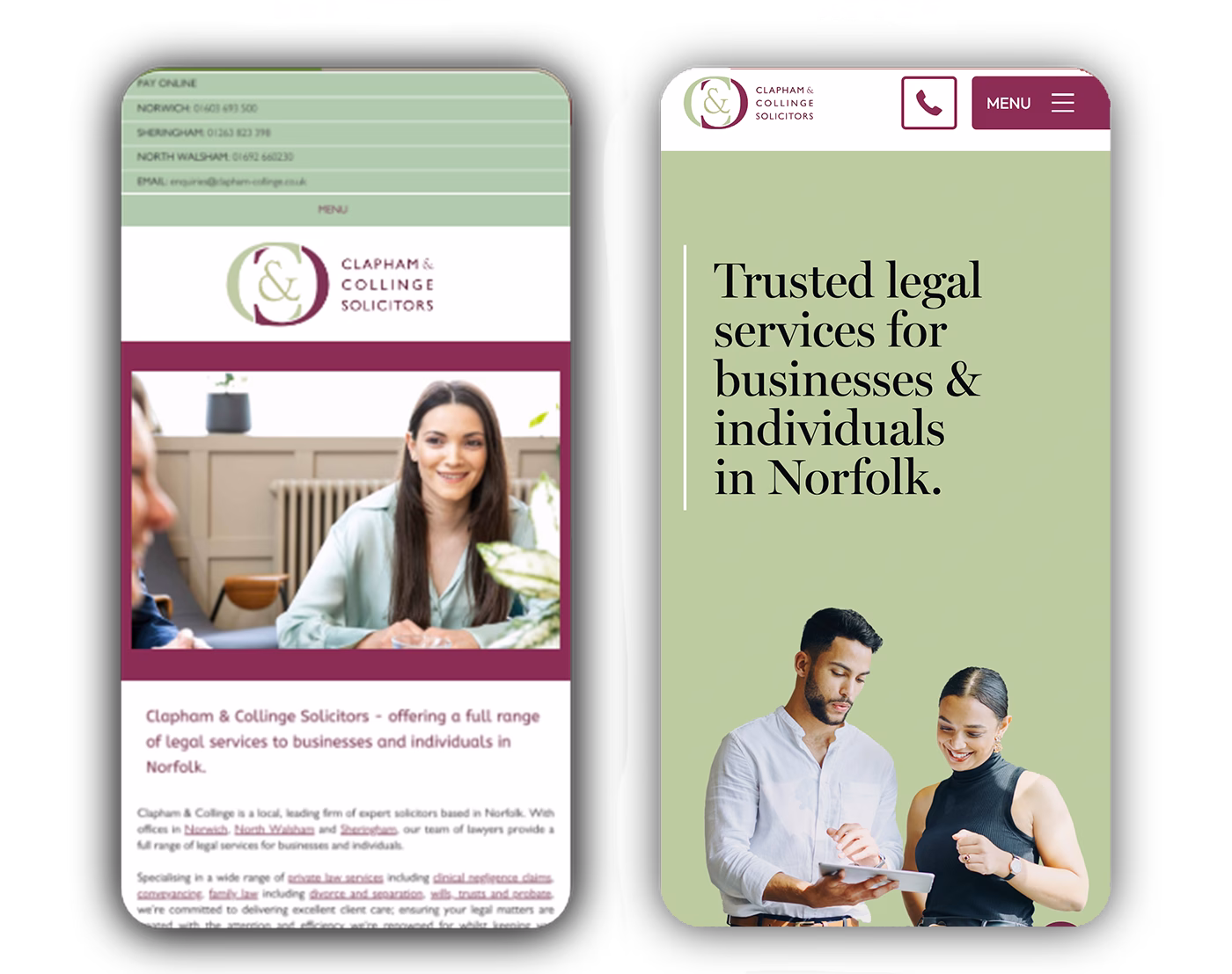 Comparison of Clapham & Collinge site before and after on mobile